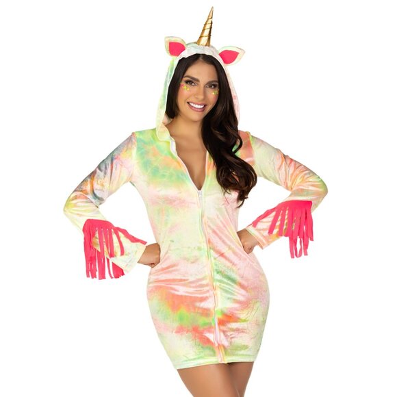 Enchanted Unicorn Costume, Zipper Front Velvet Tie Dye Dress - Picture 1 of 2